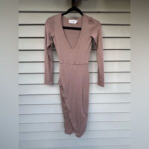 SUNDAYS Brown Deep V Neck Long Sleeve Bodycon Midi Dress Women’s Size 8 H